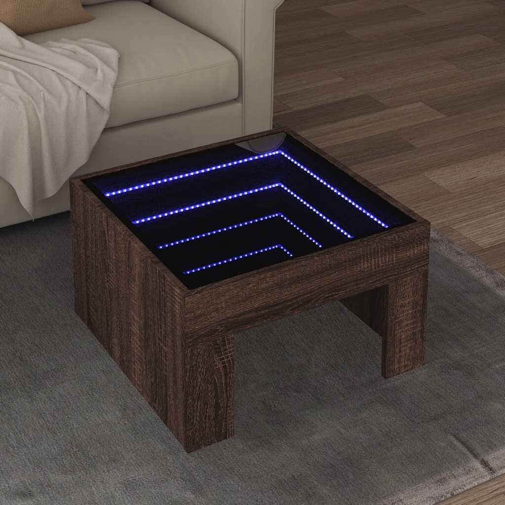vidaXL Маса за кафе с Infinity LED кафяв дъб 50x50x30 см