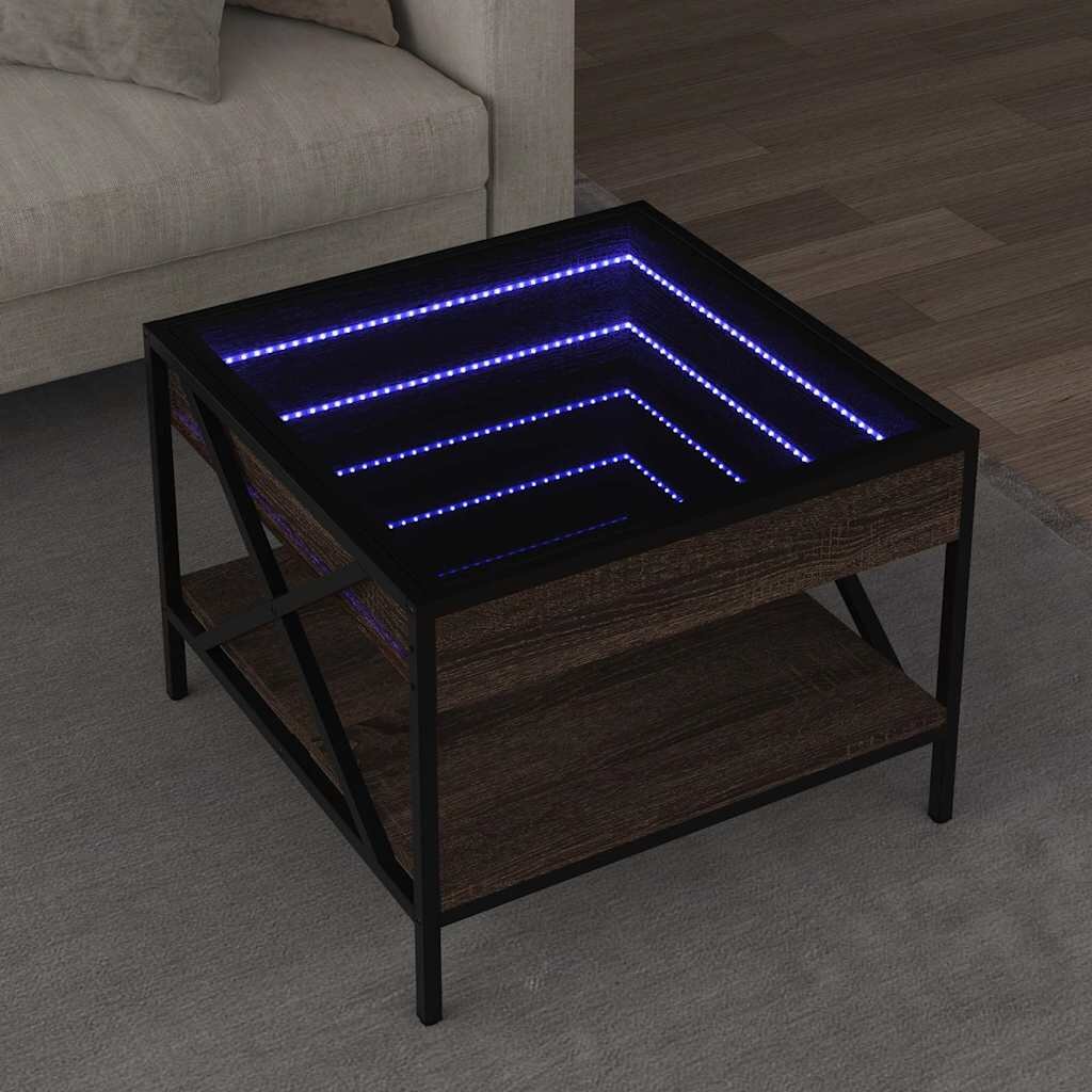 vidaXL Маса за кафе с Infinity LED кафяв дъб 50x50x38 см