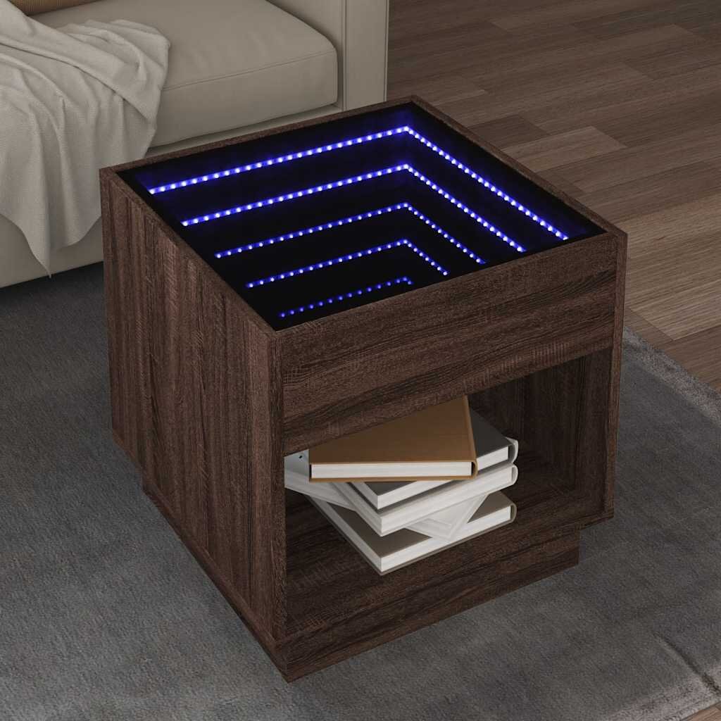 vidaXL Маса за кафе с Infinity LED кафяв дъб 50x50x50 см