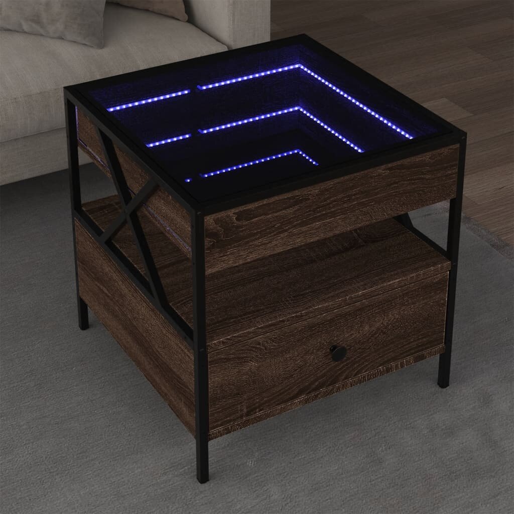 vidaXL Маса за кафе с Infinity LED кафяв дъб 50x50x51 см