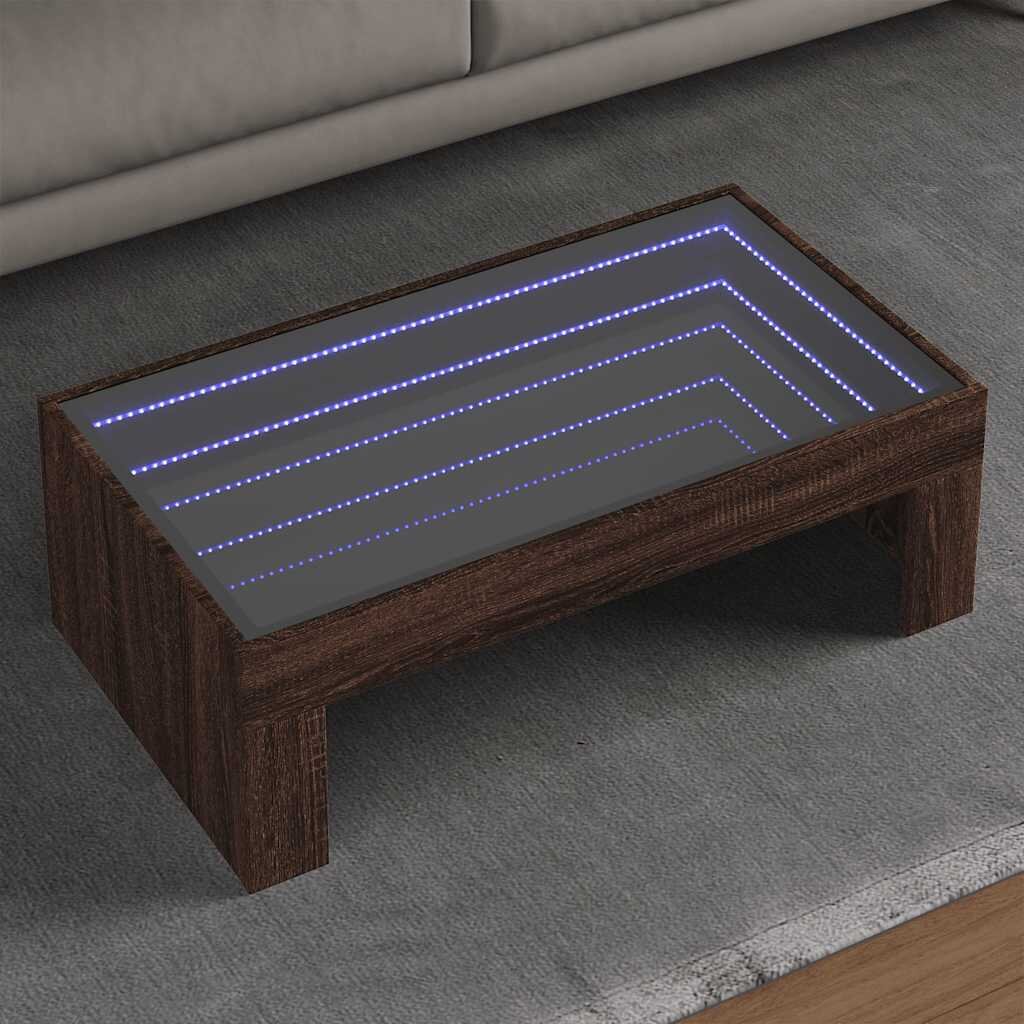 vidaXL Маса за кафе с Infinity LED кафяв дъб 90x50x30 см