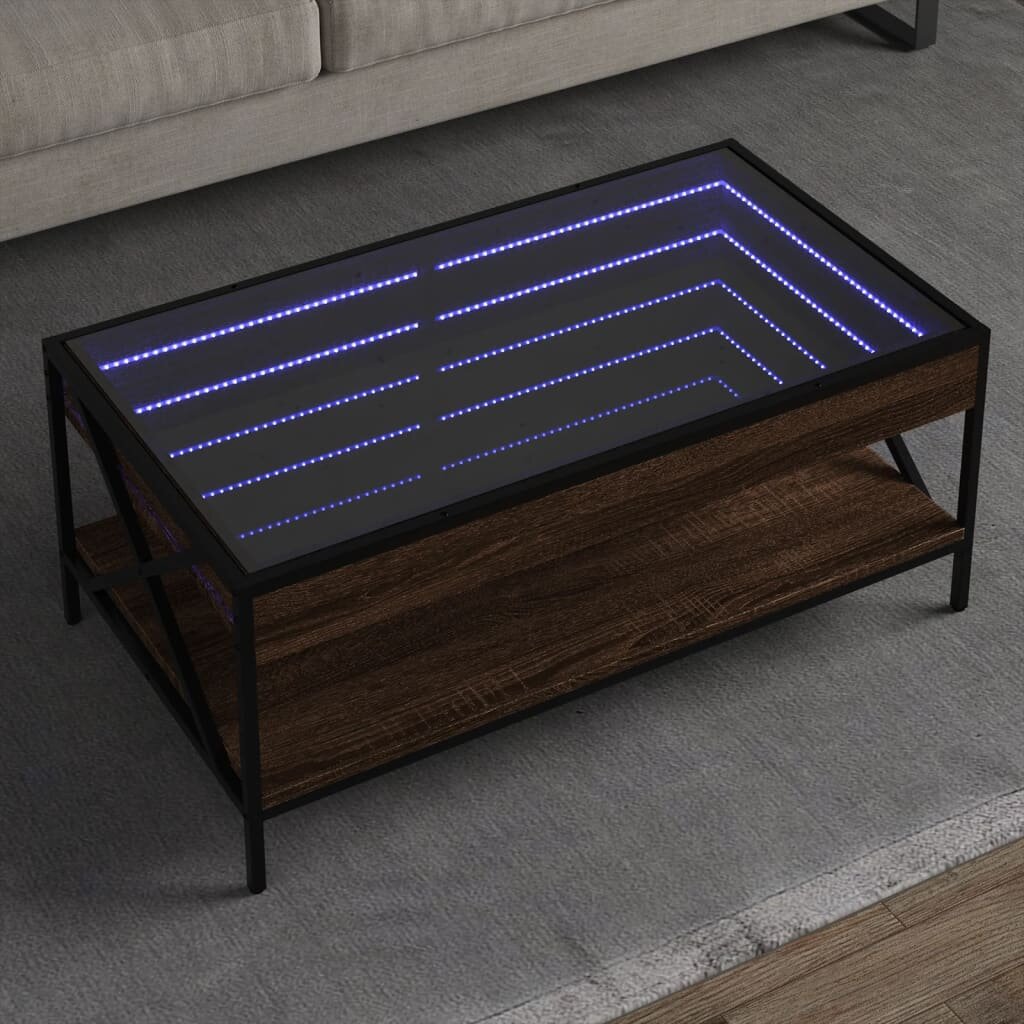 vidaXL Маса за кафе с Infinity LED кафяв дъб 90x50x38 см