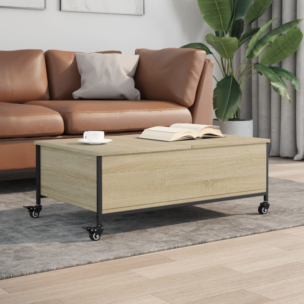 vidaXL Маса за кафе с колелца дъб сонома 91x55x34 см инженерно дърво