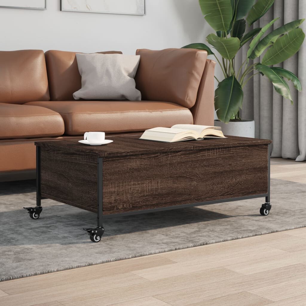 vidaXL Маса за кафе с колелца кафяв дъб 91x55x34 см инженерно дърво