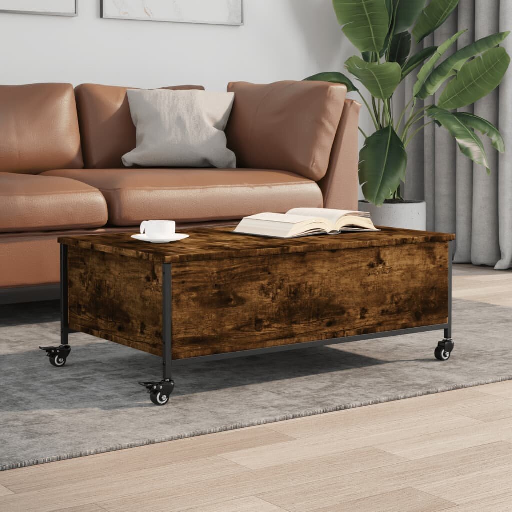vidaXL Маса за кафе с колелца опушен дъб 91x55x34 см инженерно дърво
