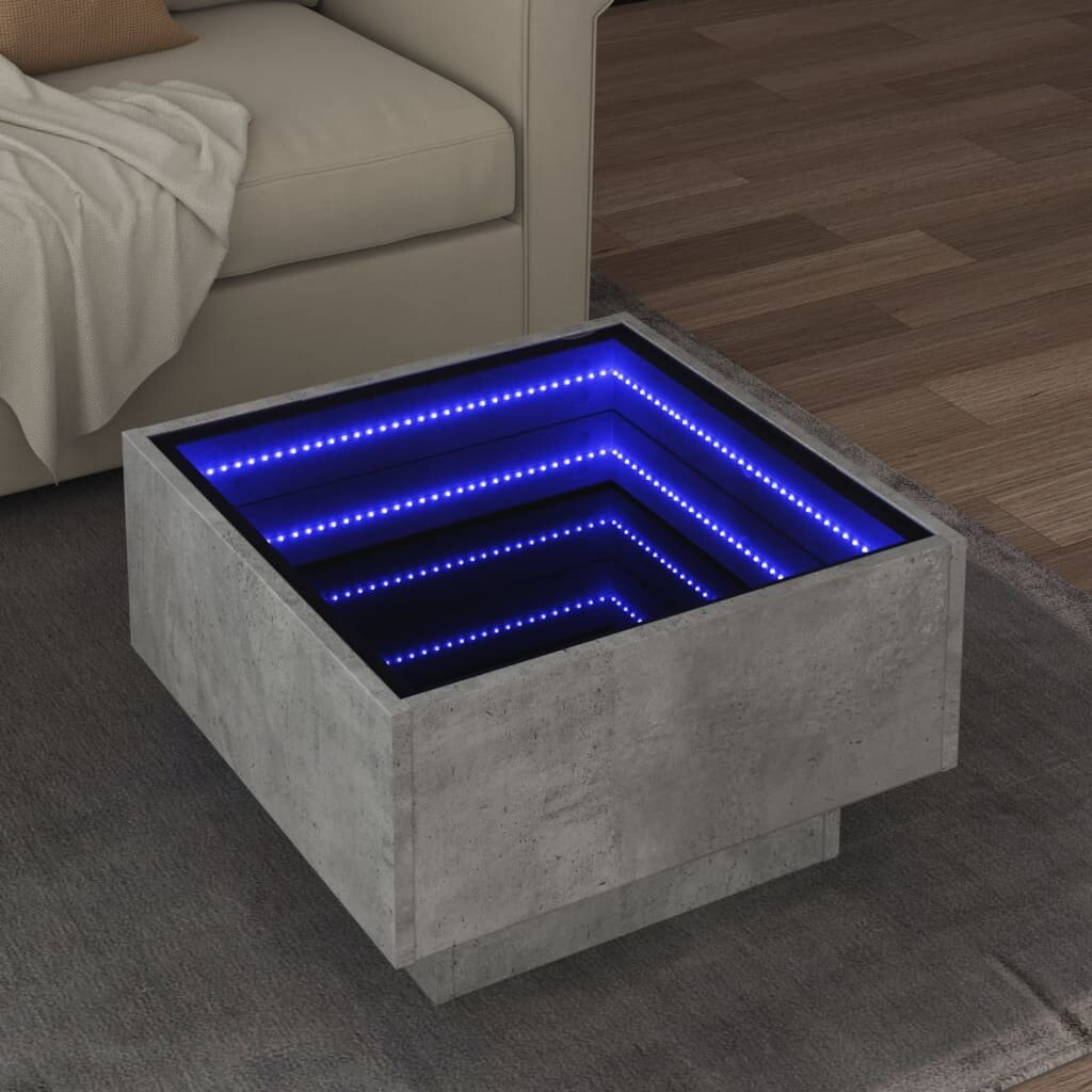 vidaXL Маса за кафе с LED бетонно сив 50x50x30 см инженерно дърво