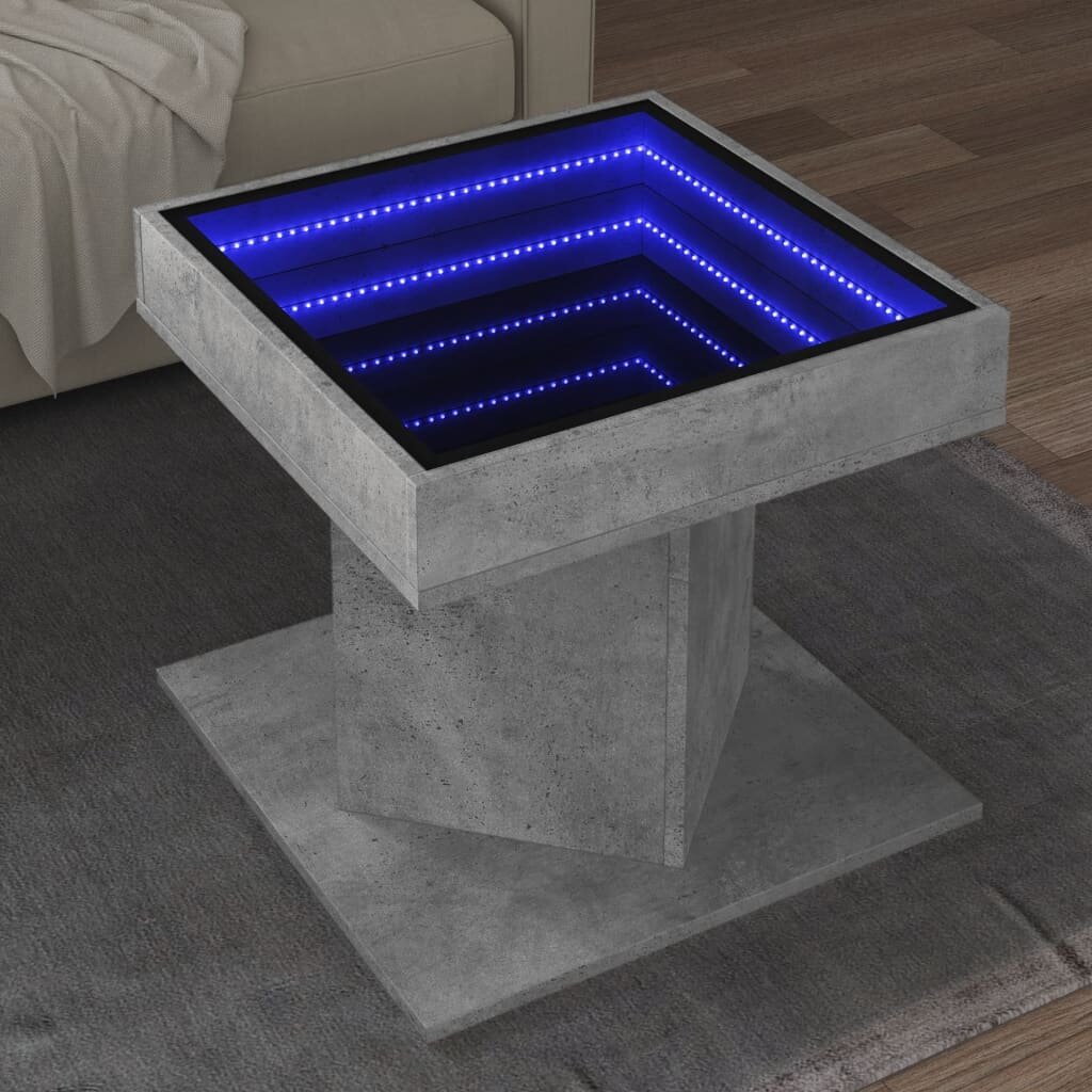 vidaXL Маса за кафе с LED бетонно сива 50x50x45 см инженерно дърво