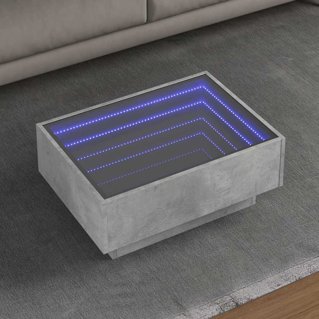 vidaXL Маса за кафе с LED бетонно сива 70x50x30 см инженерно дърво