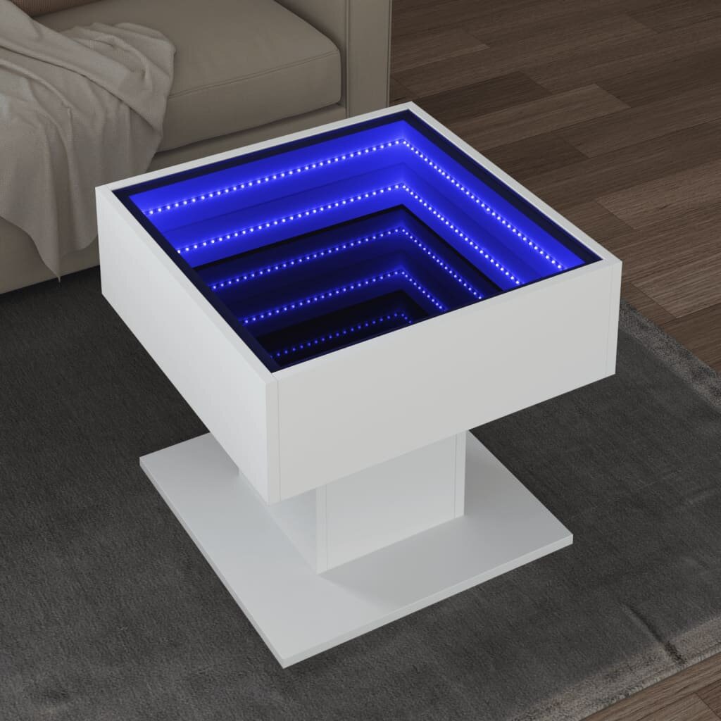 vidaXL Маса за кафе с LED бяла 50x50x45 см инженерно дърво