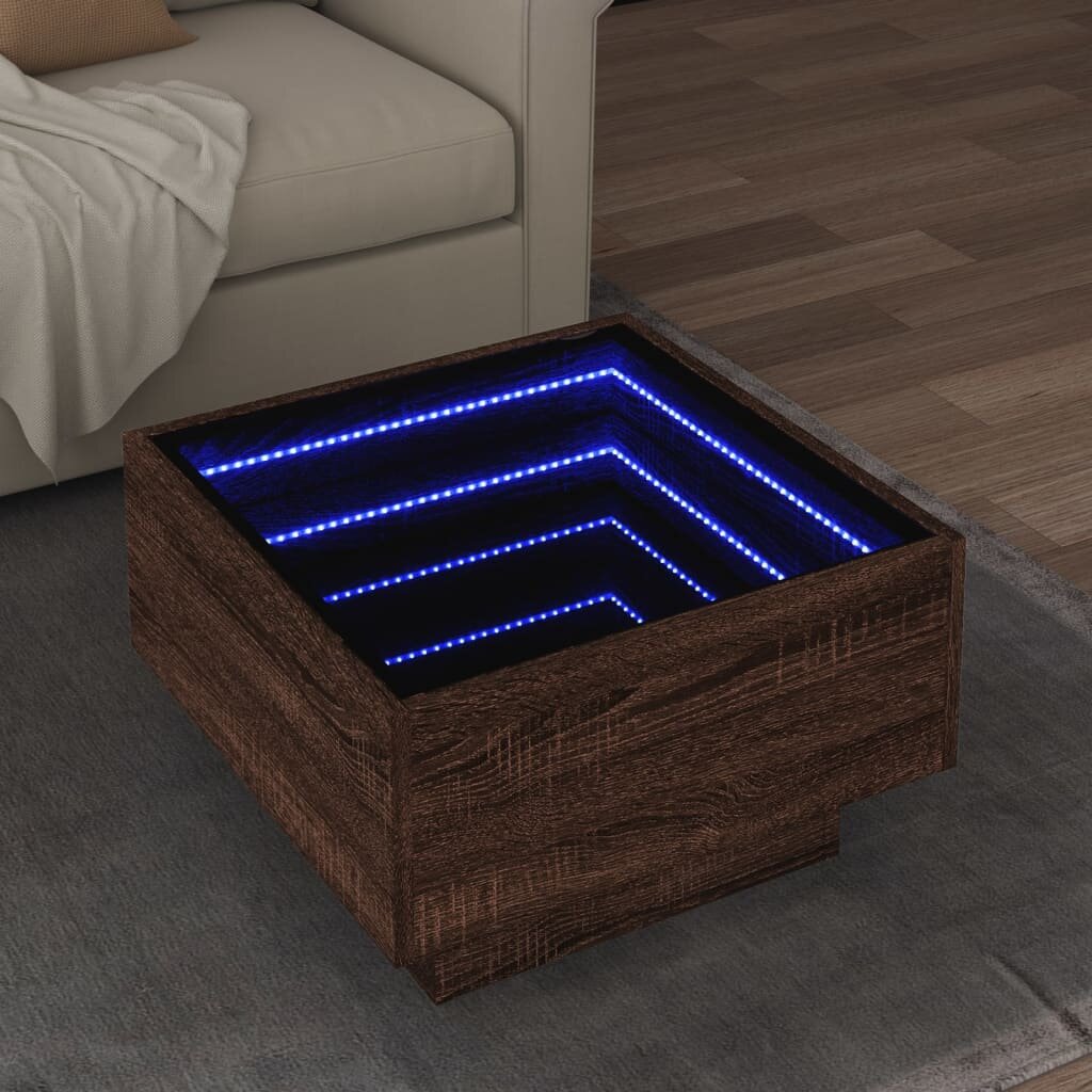 vidaXL Маса за кафе с LED кафяв дъб 50x50x30 см инженерно дърво