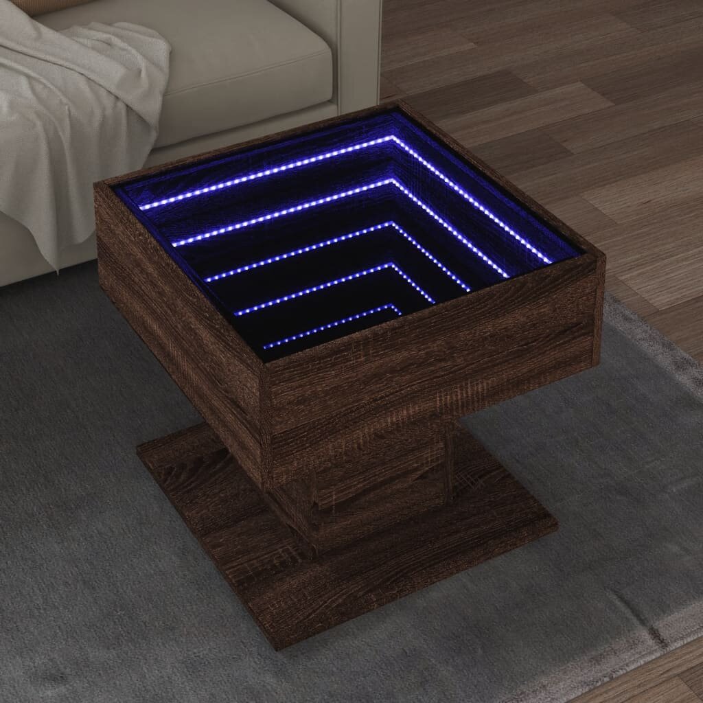 vidaXL Маса за кафе с LED кафяв дъб 50x50x45 см инженерно дърво