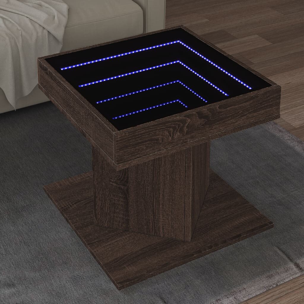 vidaXL Маса за кафе с LED кафяв дъб 50x50x45 см инженерно дърво
