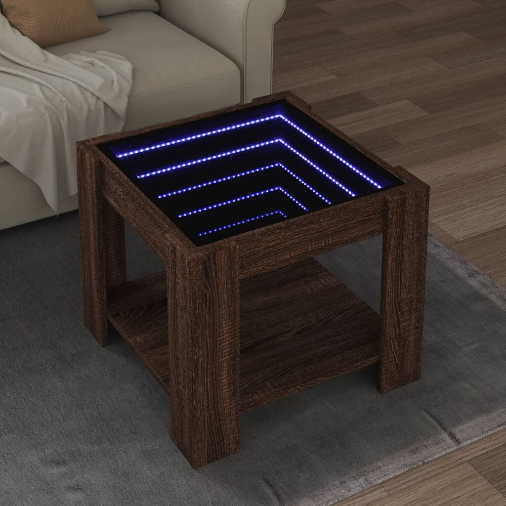 vidaXL Маса за кафе с LED кафяв дъб 53x53x45 см инженерно дърво
