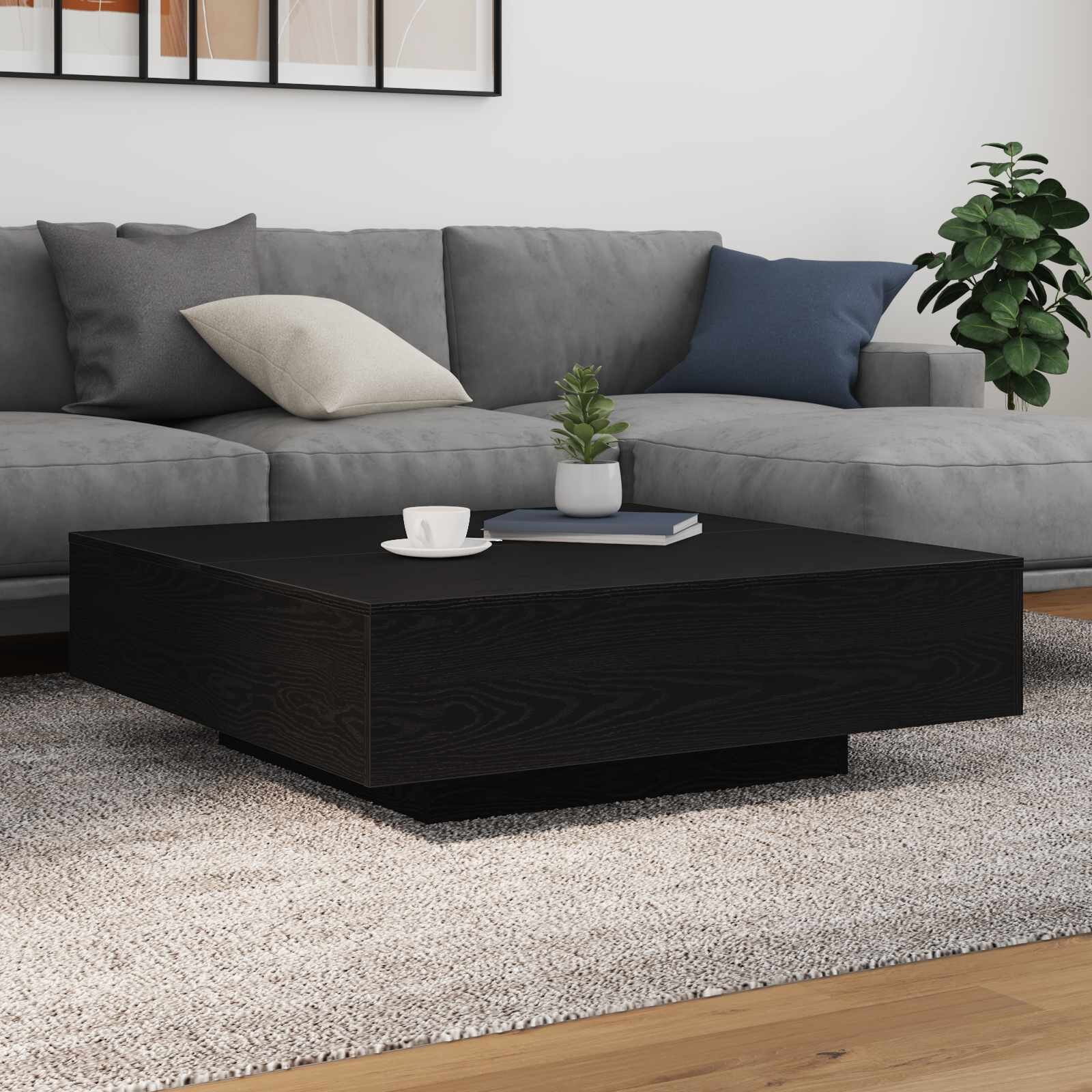 vidaXL Маса за кафе с LED ленти Черен дъб 100 x 100 x 31 cm