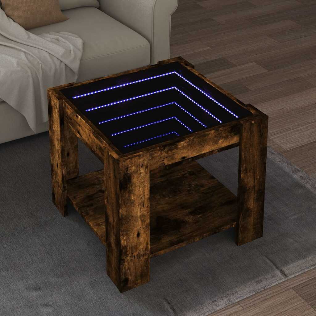 vidaXL Маса за кафе с LED опушен дъб 53x53x45 см инженерно дърво