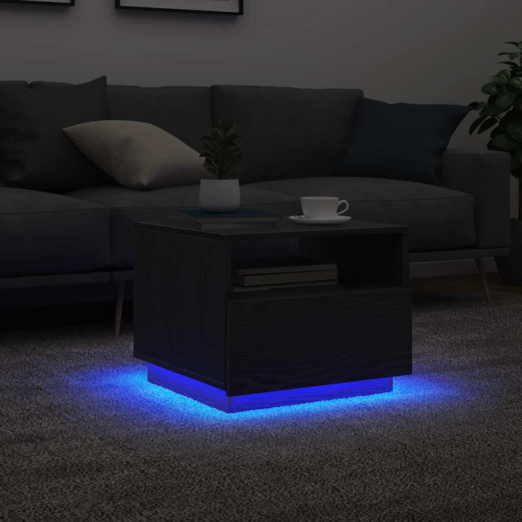 vidaXL Маса за кафе с LED осветление черен дъб 50x49x40 см