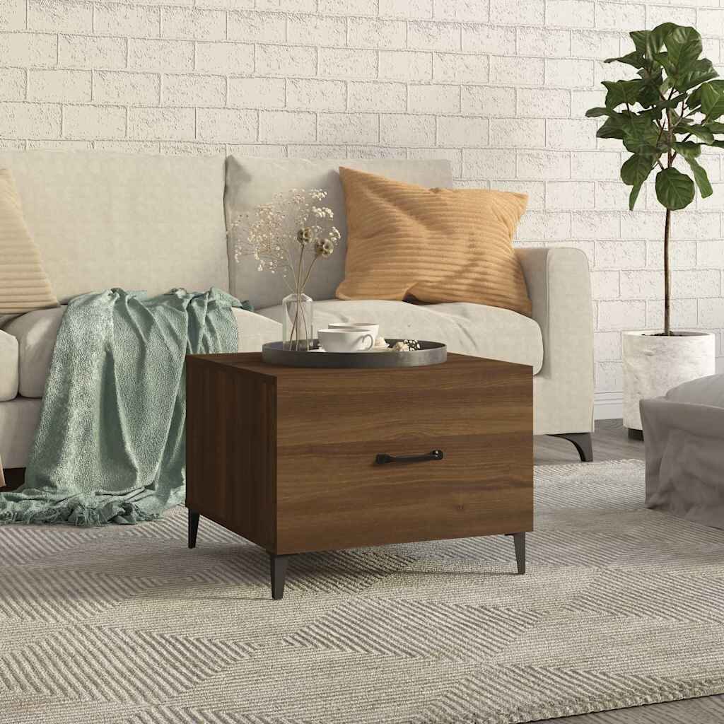 vidaXL Маса за кафе с метални крака кафяв дъб 50x50x40 см