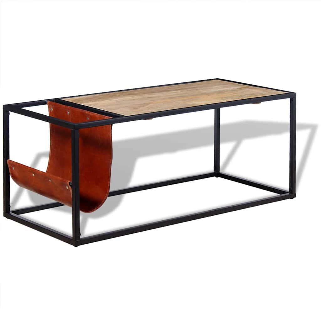 vidaXL Маса за кафе с място за списания от естествена кожа 110x50x45см