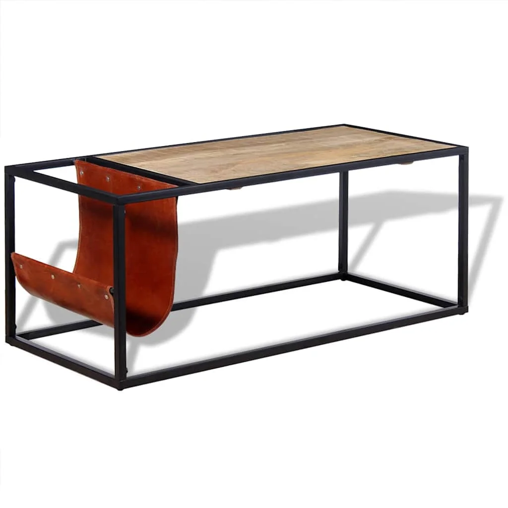 vidaXL Маса за кафе с място за списания от естествена кожа 110x50x45см