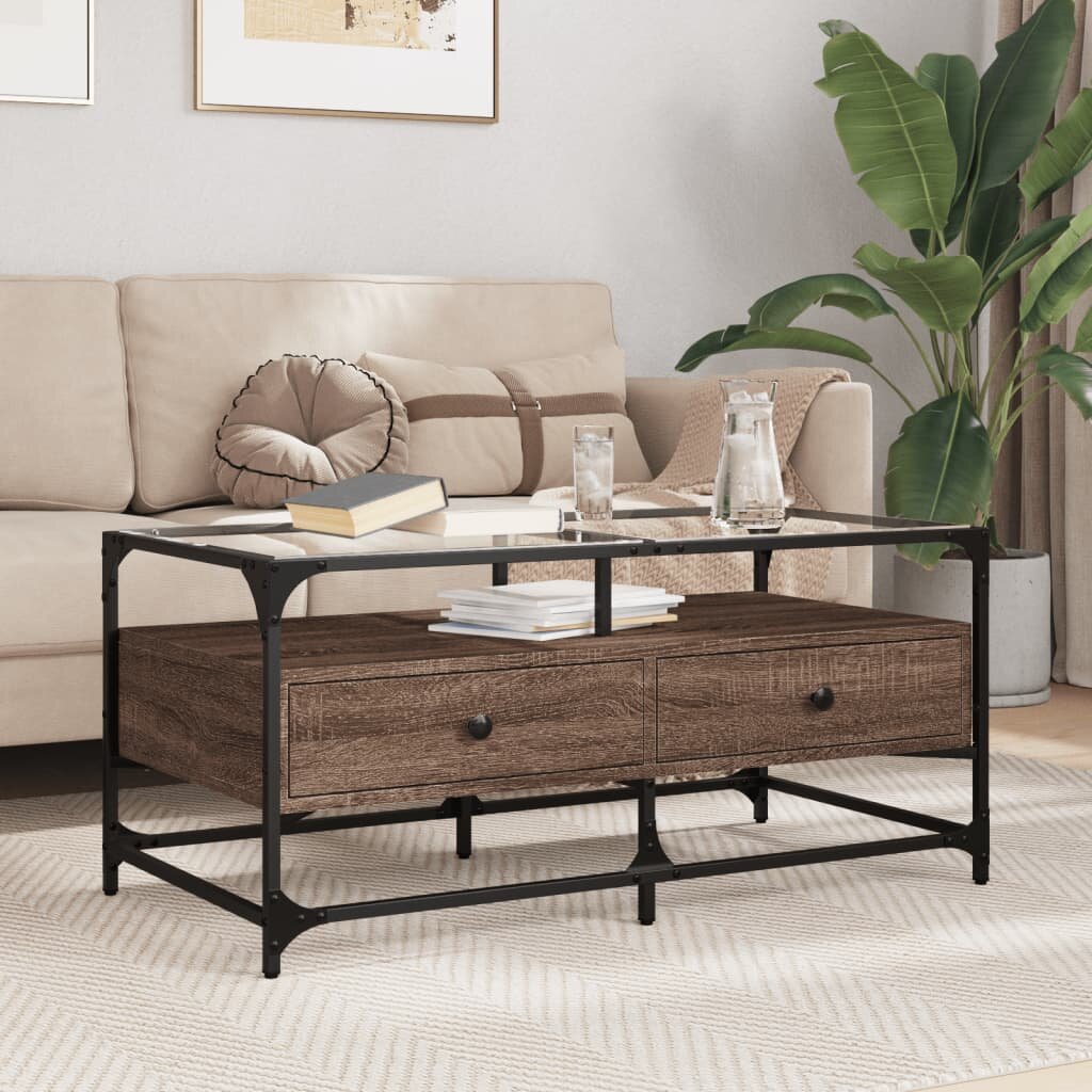 vidaXL Маса за кафе със стъклен плот кафяв дъб 985x50x45см стомана