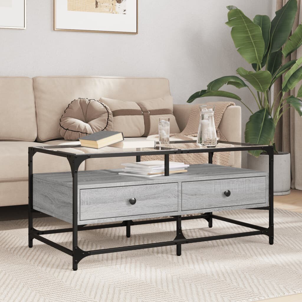 vidaXL Маса за кафе със стъклен плот сив сонома985x50x45см стомана