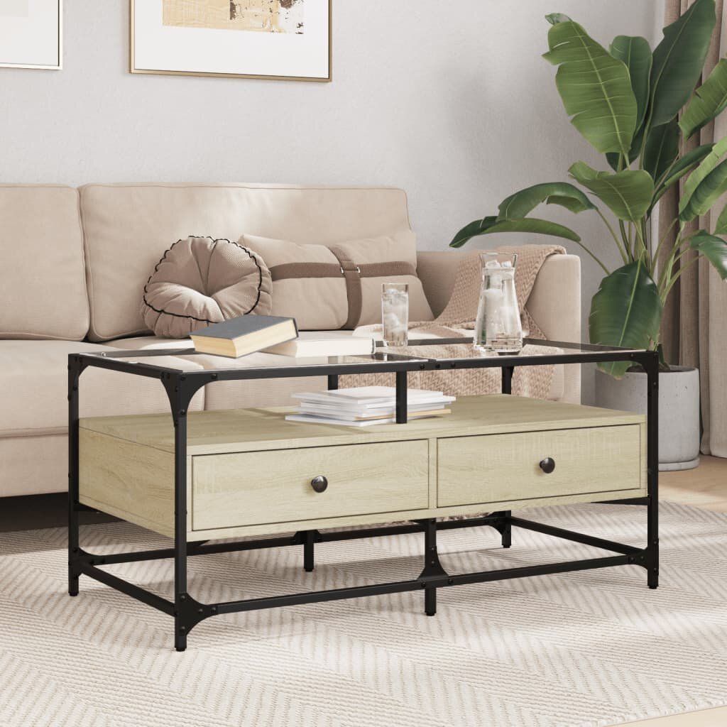 vidaXL Маса за кафе със стъклен плот сонома дъб985x50x45см стомана