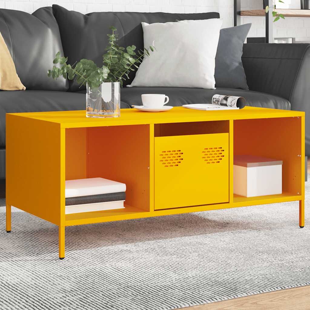 vidaXL Маса за кафе жълта 1015x50x435 см студеновалцувана стомана