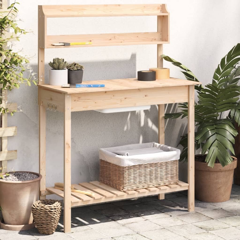 vidaXL Маса за разсаждане с мивка 1475x44x1395 см масивна ела