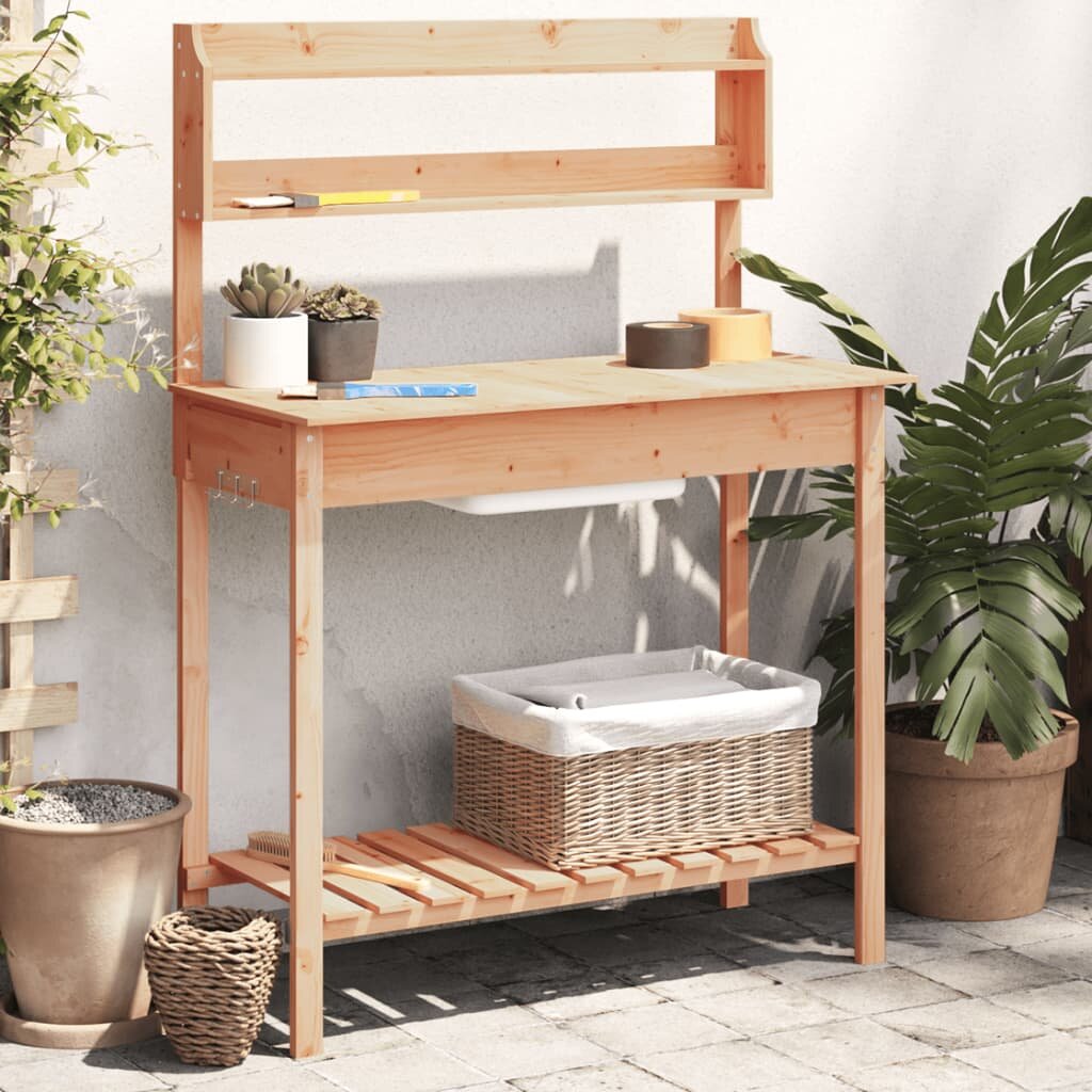 vidaXL Маса за разсаждане с мивка кафява 1475x44x1395 см масивна ела