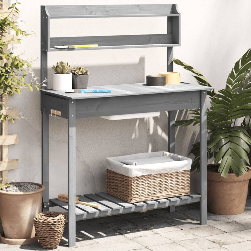 vidaXL Маса за разсаждане с мивка сива 1475x44x1395 см масивна ела