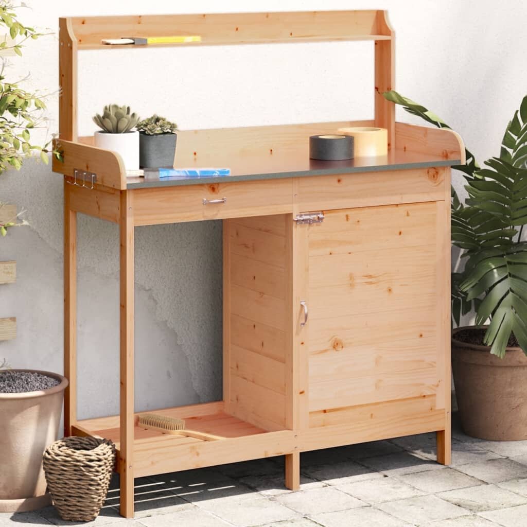 vidaXL Маса за разсаждане с шкаф кафява 1105x45x1245 см масивна ела