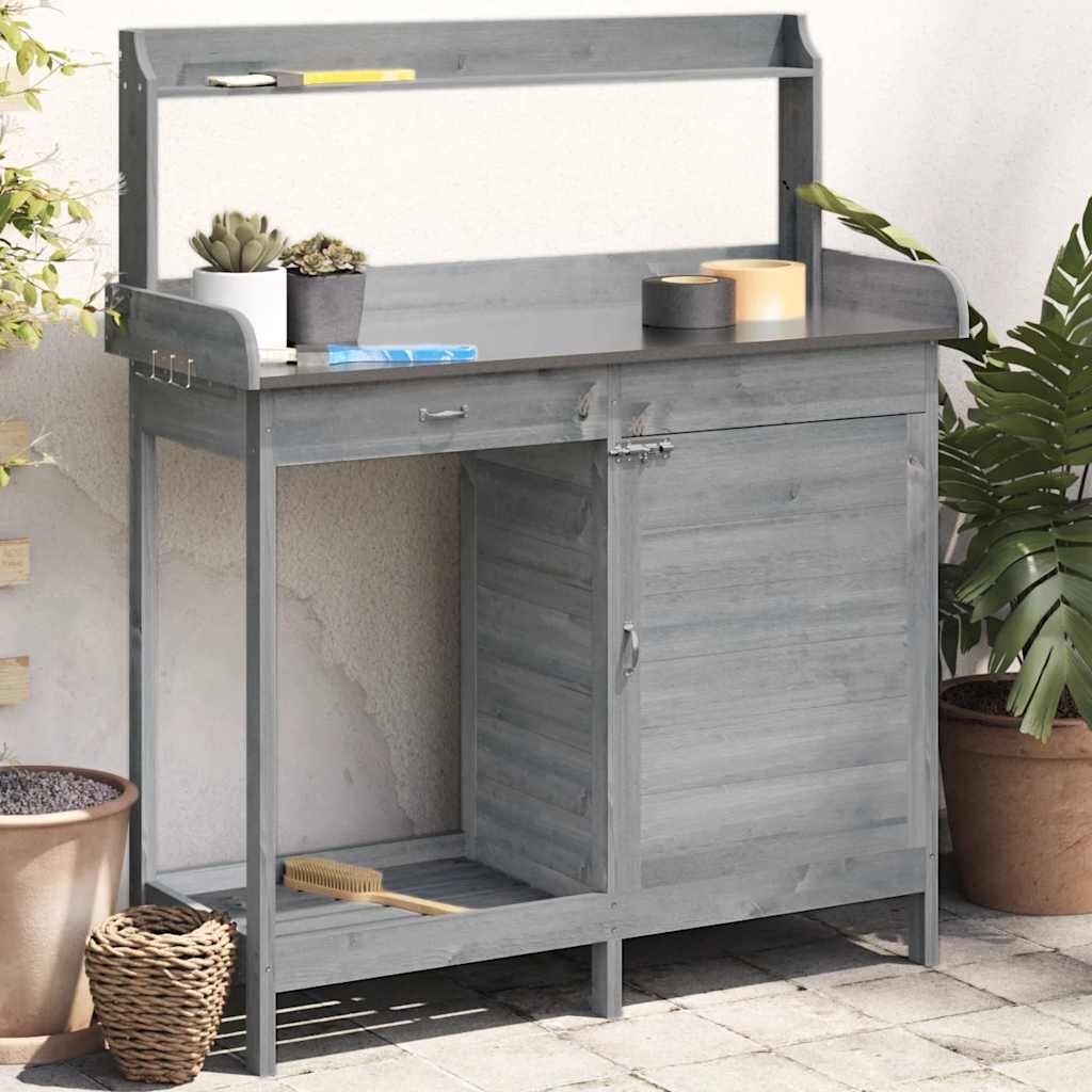 vidaXL Маса за разсаждане с шкаф сива 1105x45x1245 см масивна ела