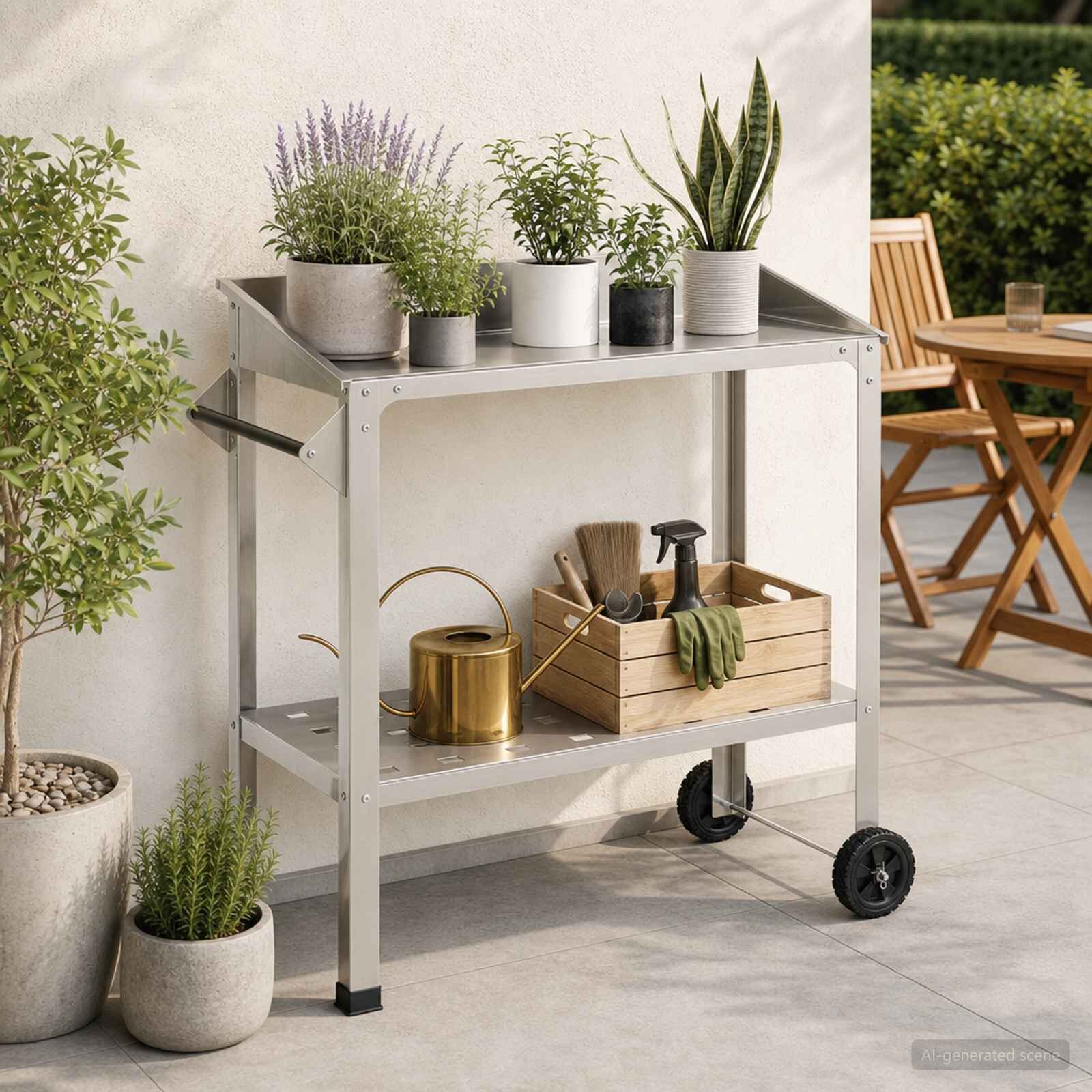 vidaXL Маса за засаждане с колела 96 x 50 x 89 см Неръждаема стомана
