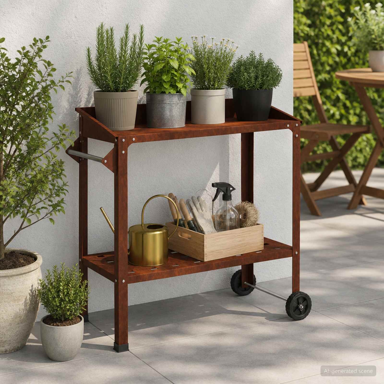 vidaXL Маса за засаждане с колела Ръждясало 96 x 50 x 89 см