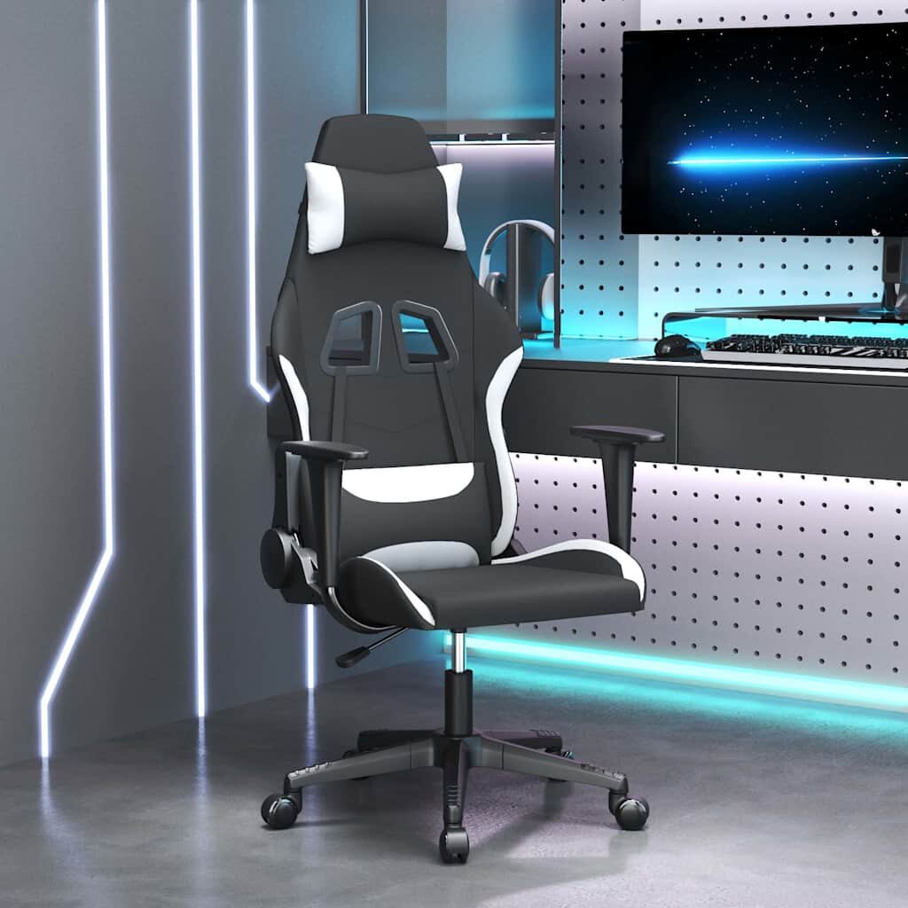 vidaXL Масажен гейминг стол черно и бяло плат