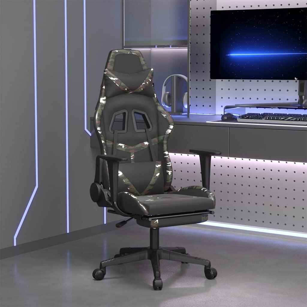 vidaXL Масажен гейминг стол с опора черно-камуфлаж изкуствена кожа