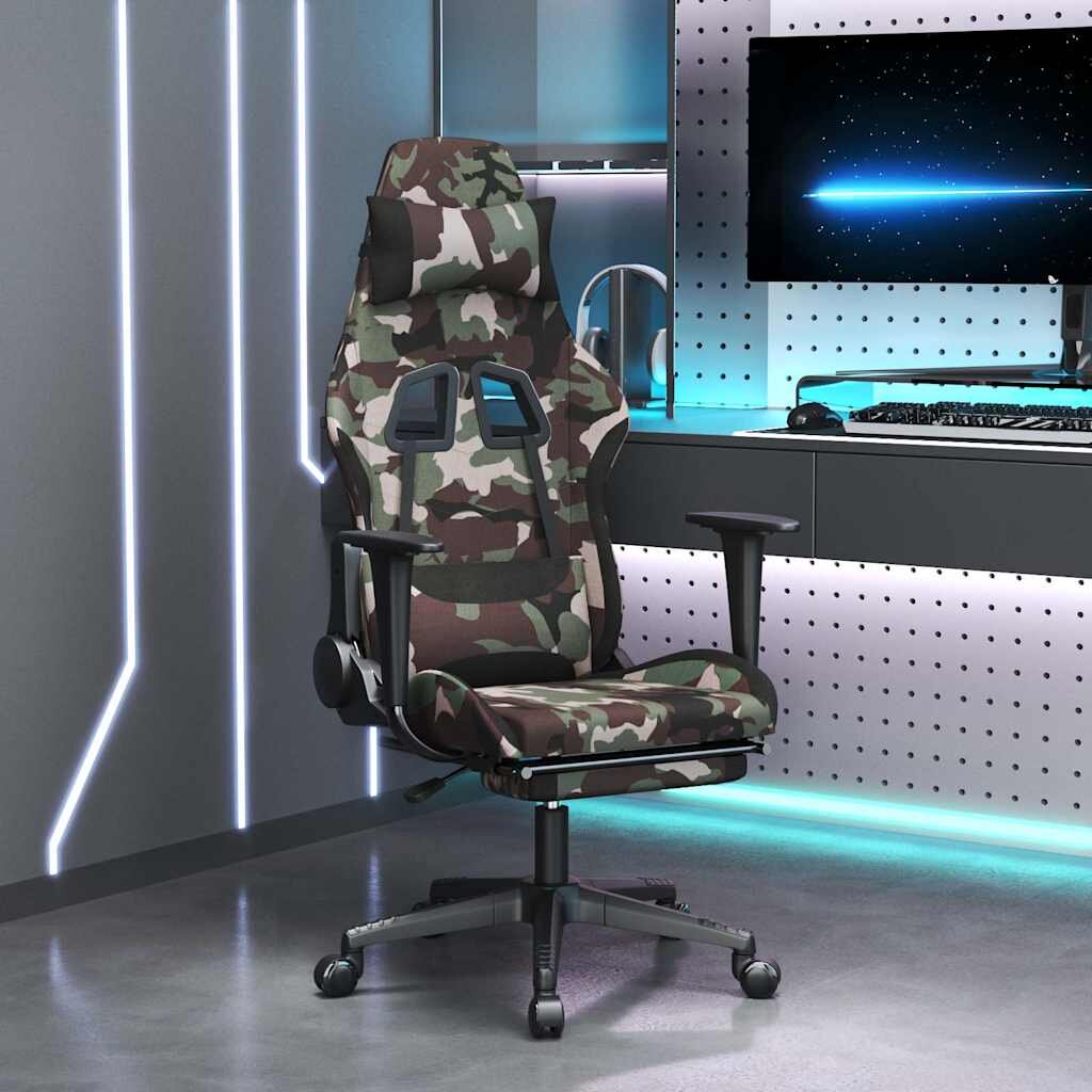 vidaXL Масажен гейминг стол с опора за крака черно и камуфлаж плат