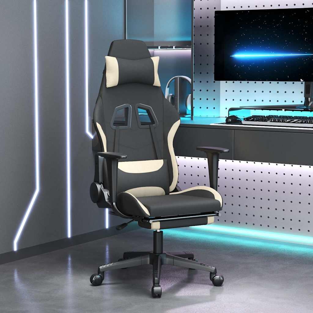 vidaXL Масажен гейминг стол с опора за крака черно и кремаво плат