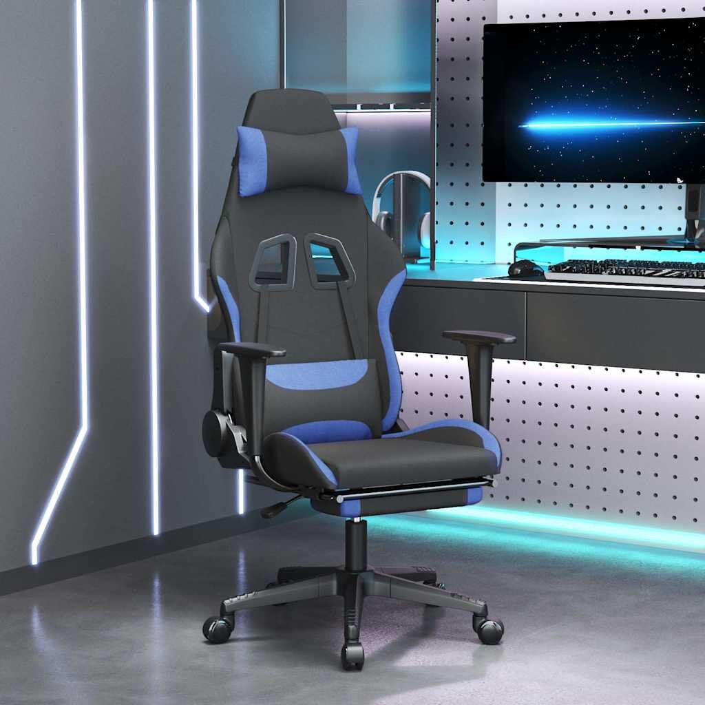 vidaXL Масажен гейминг стол с опора за крака черно и синьо плат