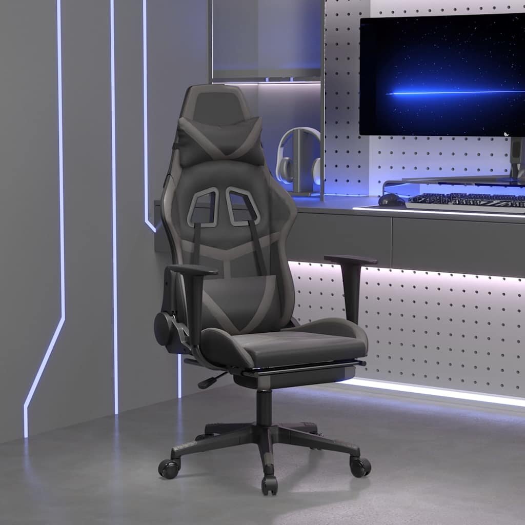 vidaXL Масажен гейминг стол с подложка черно и cиво изкуствена кожа