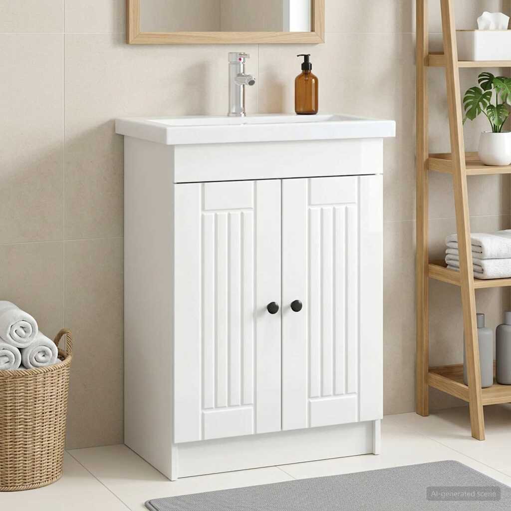 vidaXL Мебел под мивка за баня Бял гланц 56 x 375 x 81 см