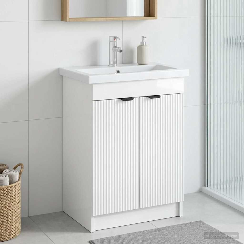 vidaXL Мебел под мивка за баня Бял гланц 56 x 375 x 81 см