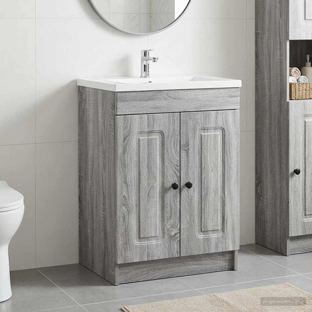 vidaXL Мебел под мивка за баня Сив Сонома 56 x 375 x 81 см