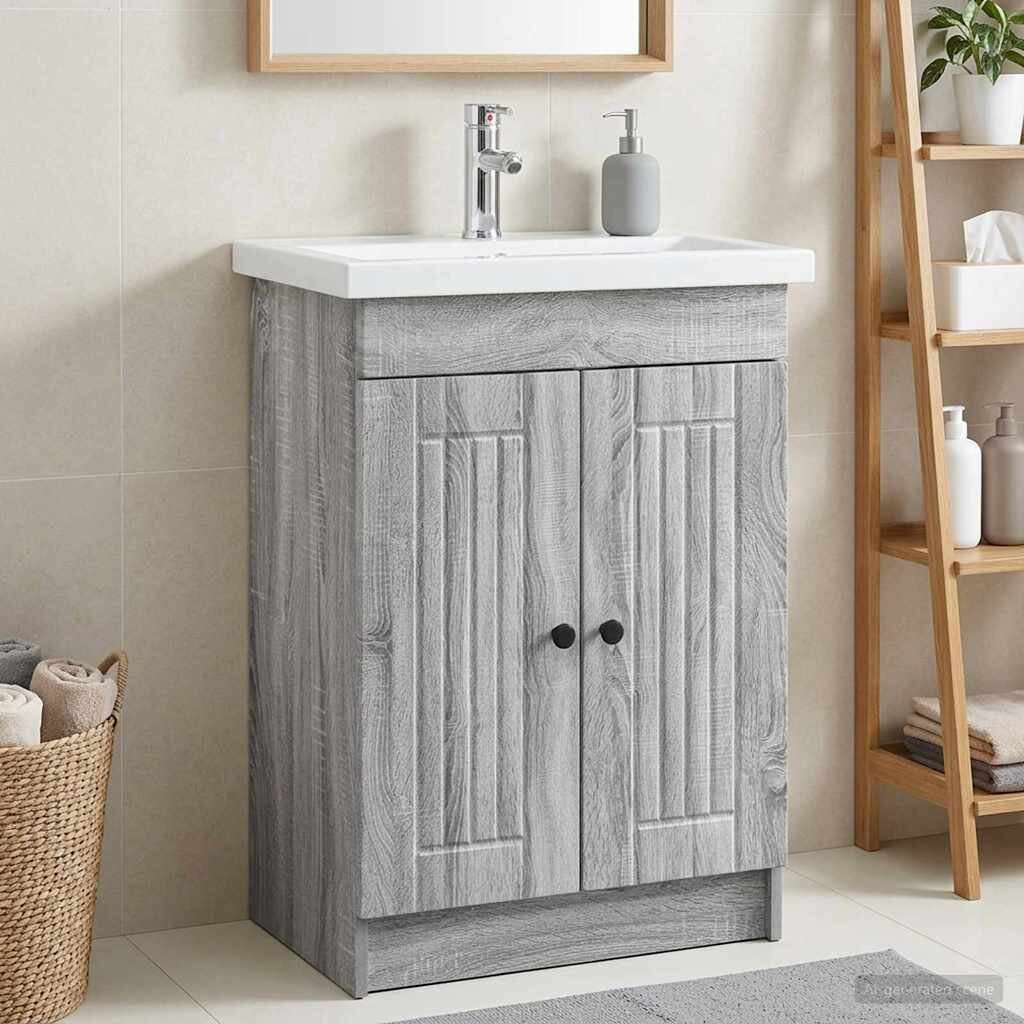 vidaXL Мебел под мивка за баня Сив Сонома 56 x 375 x 81 см