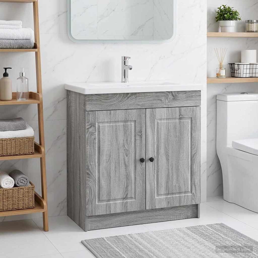 vidaXL Мебел под мивка за баня Сив Сонома 56 x 375 x 81 см
