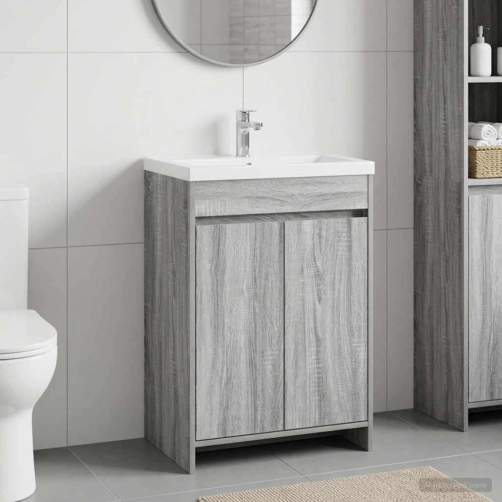 vidaXL Мебел под мивка за баня Сив Сонома 56 x 375 x 81 см