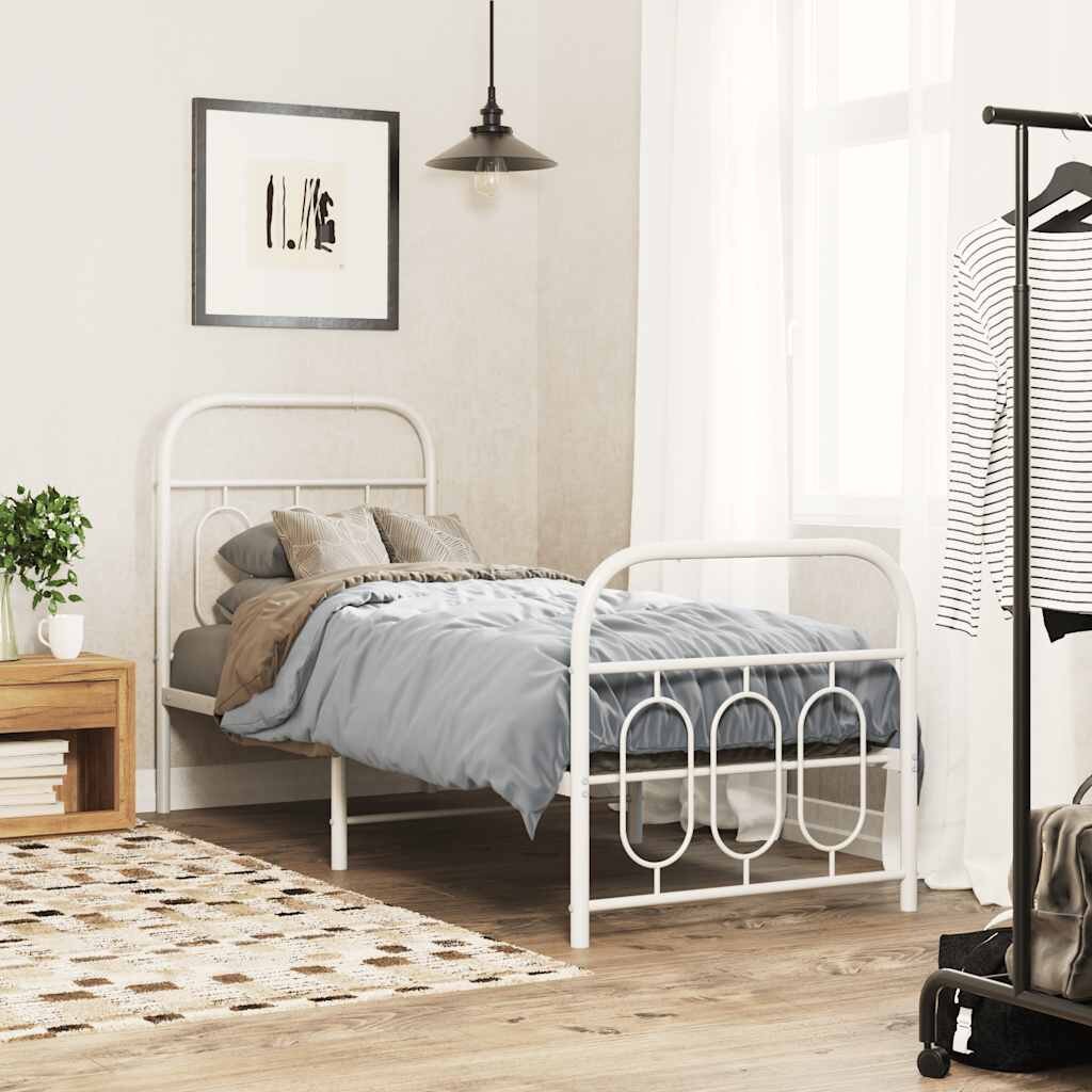 vidaXL Метална рамка за легло с горна и долна табла бяла 75x190 см