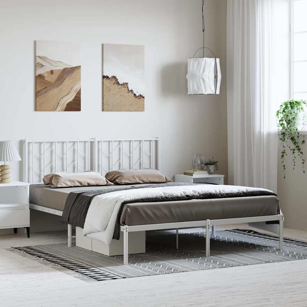 vidaXL Метална рамка за легло с горна табла бяла 150x200 см