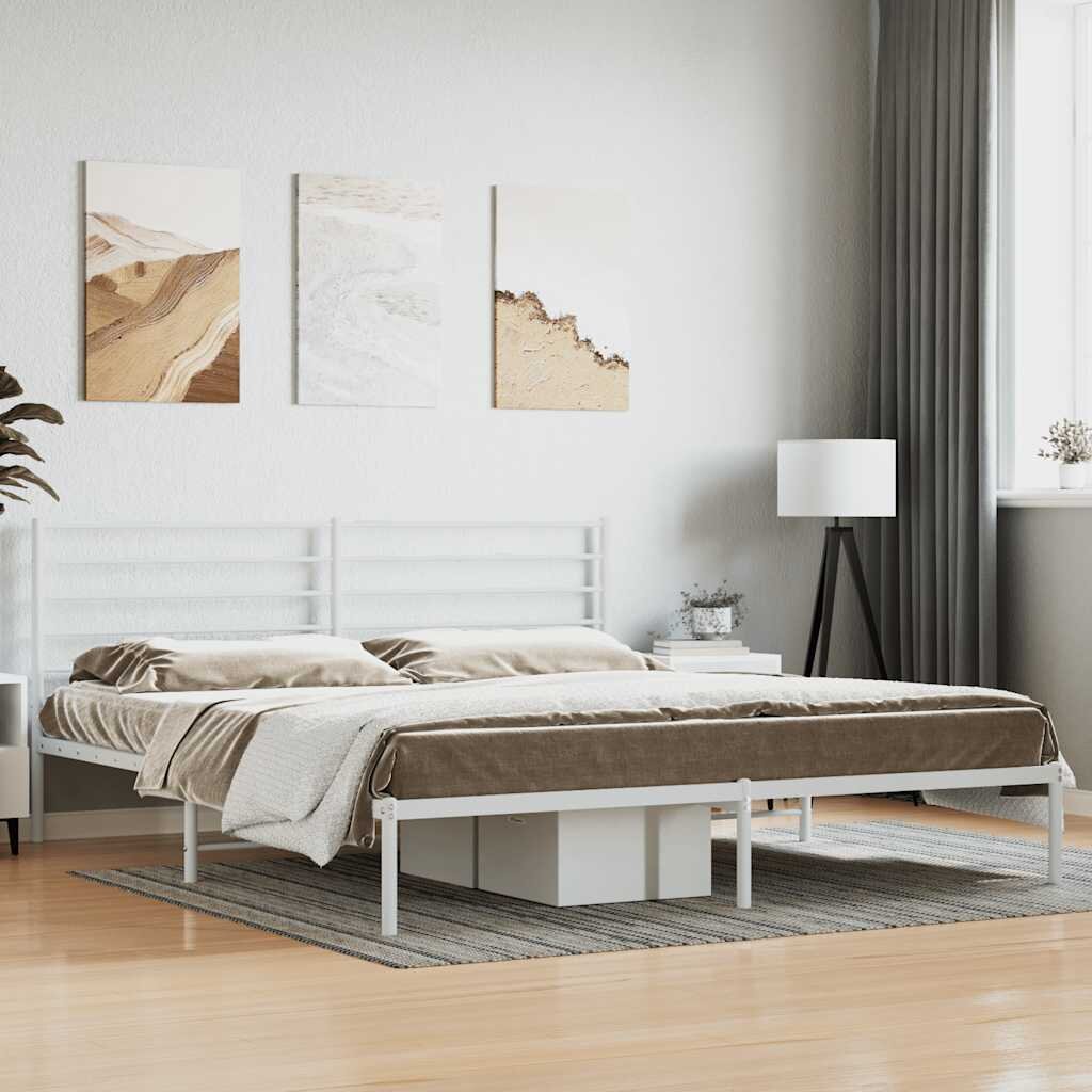 vidaXL Метална рамка за легло с горна табла бяла 200x200 см