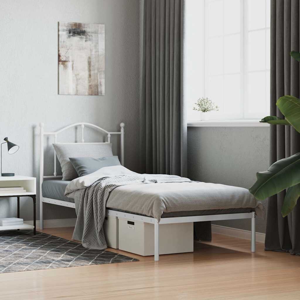 vidaXL Метална рамка за легло с горна табла бяла 90x190 см